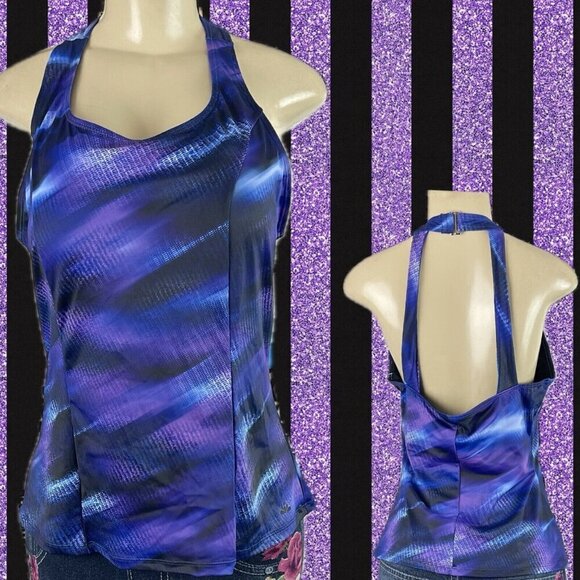 Swimsuit For All 14 Purple-Blue Splash Print Open Strap Back Swim Tankini Top - Picture 1 of 6